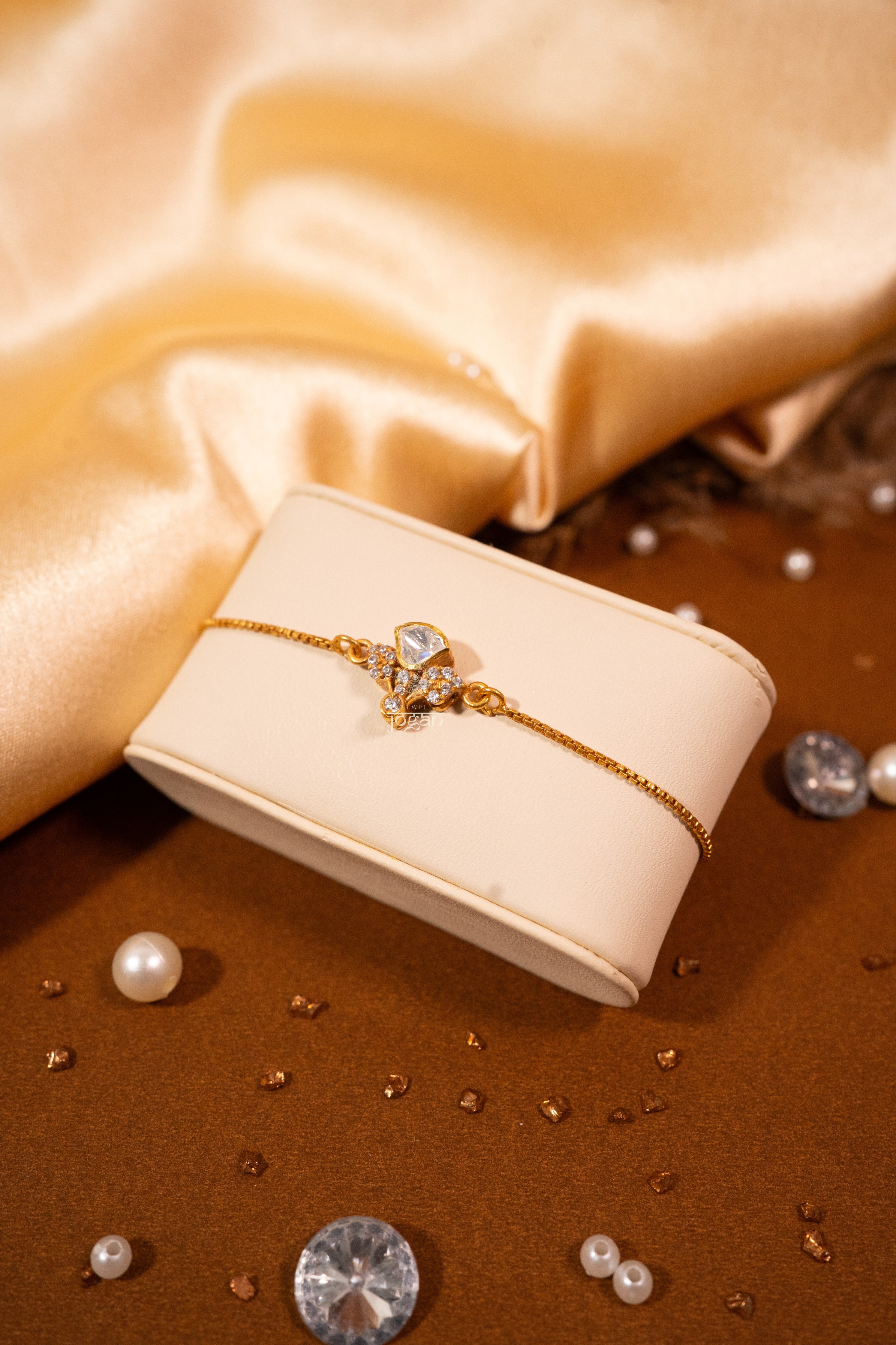 Adjustable gold-plated 92.5 sterling silver bracelet with lab grown polki stones, inspired by flower bud/bloom, symbolizing protection and new beginnings