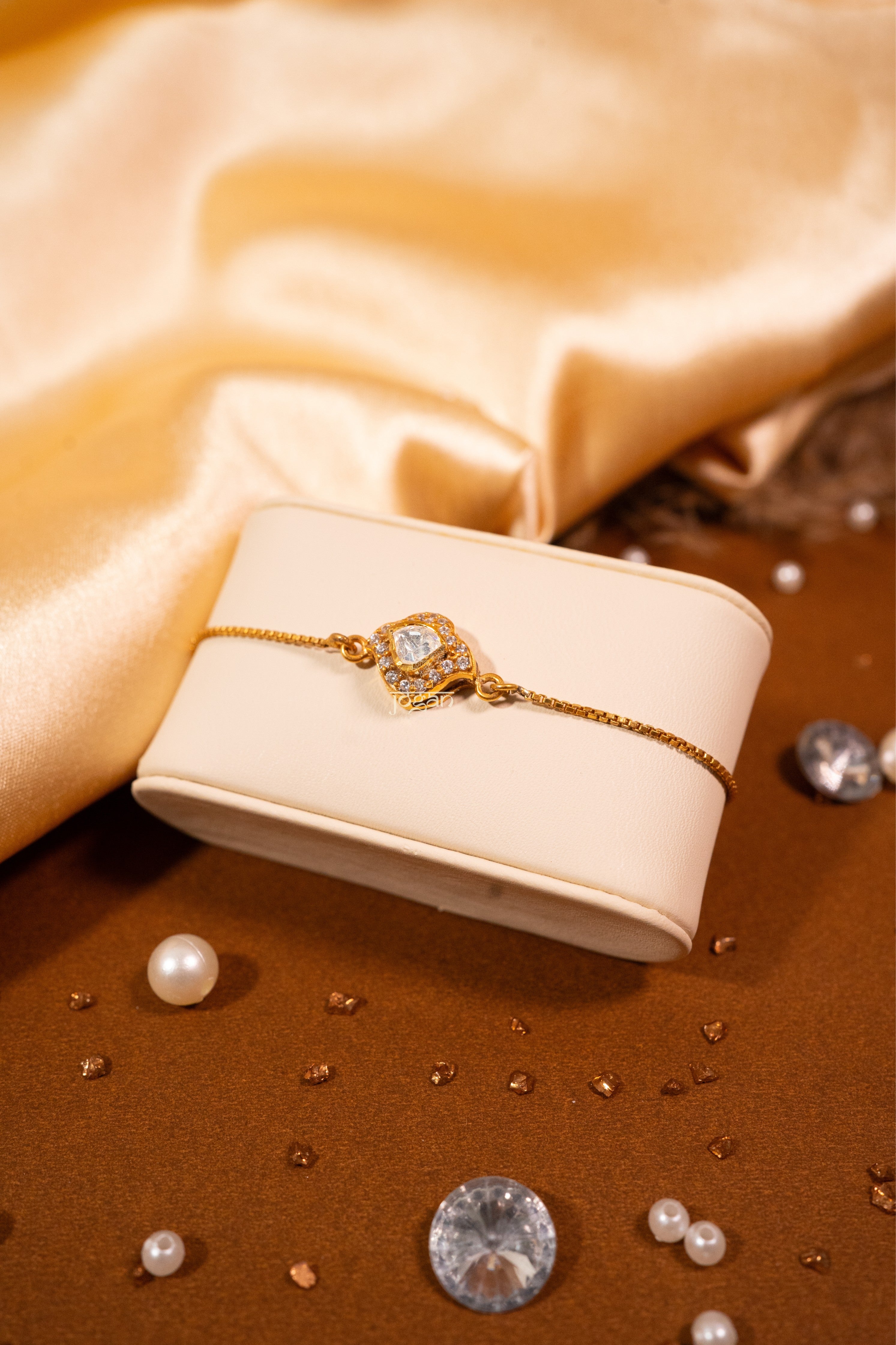 Adjustable bracelet, gold-plated 92.5 sterling silver with lab grown polki stones, festive and elegant.