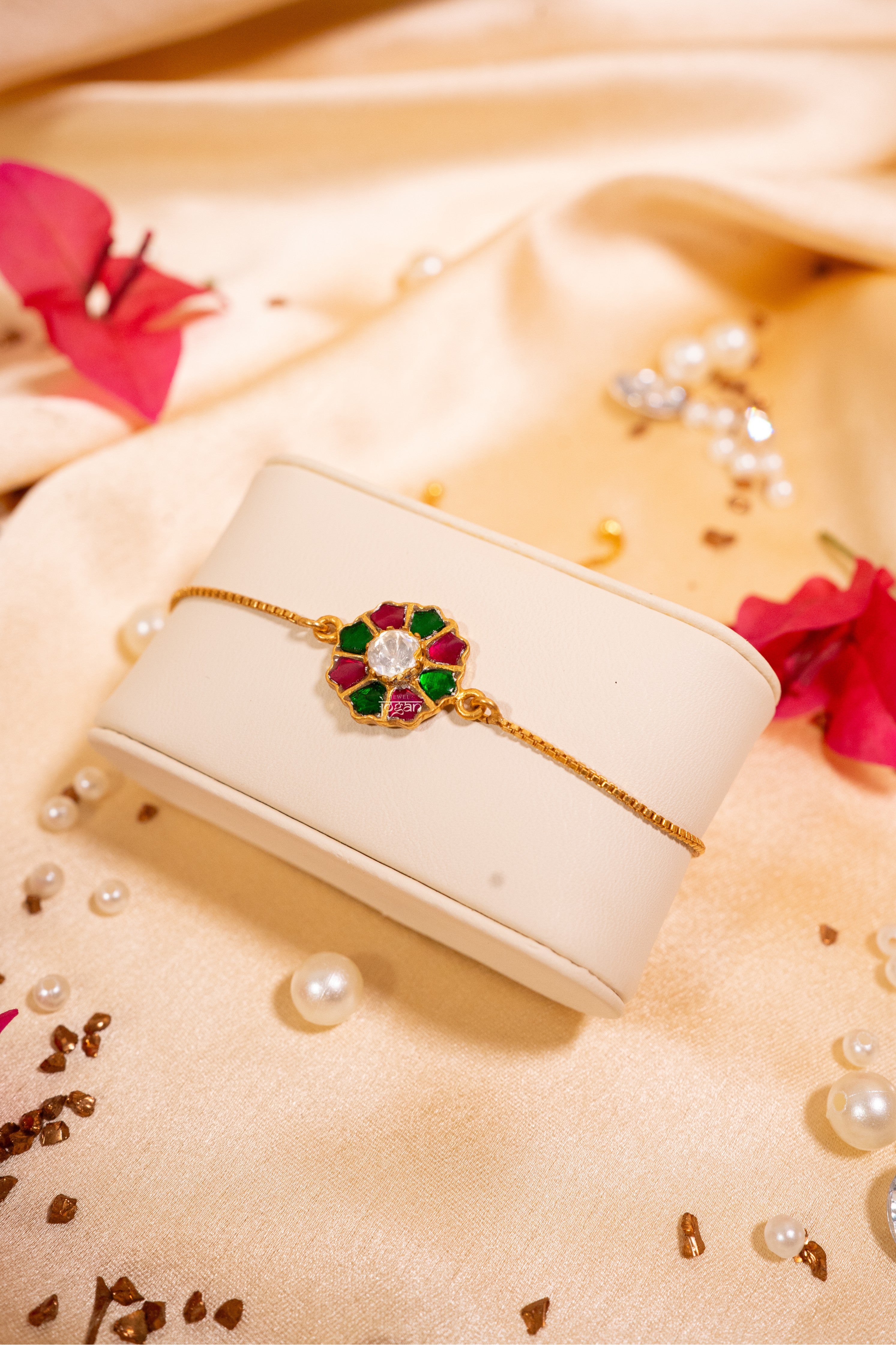  Adjustable gold-plated 92.5 sterling silver bracelet with lab grown polki pink/red, green semi precious stones (kundan setting) and floral-inspired motifs, festive statement design

