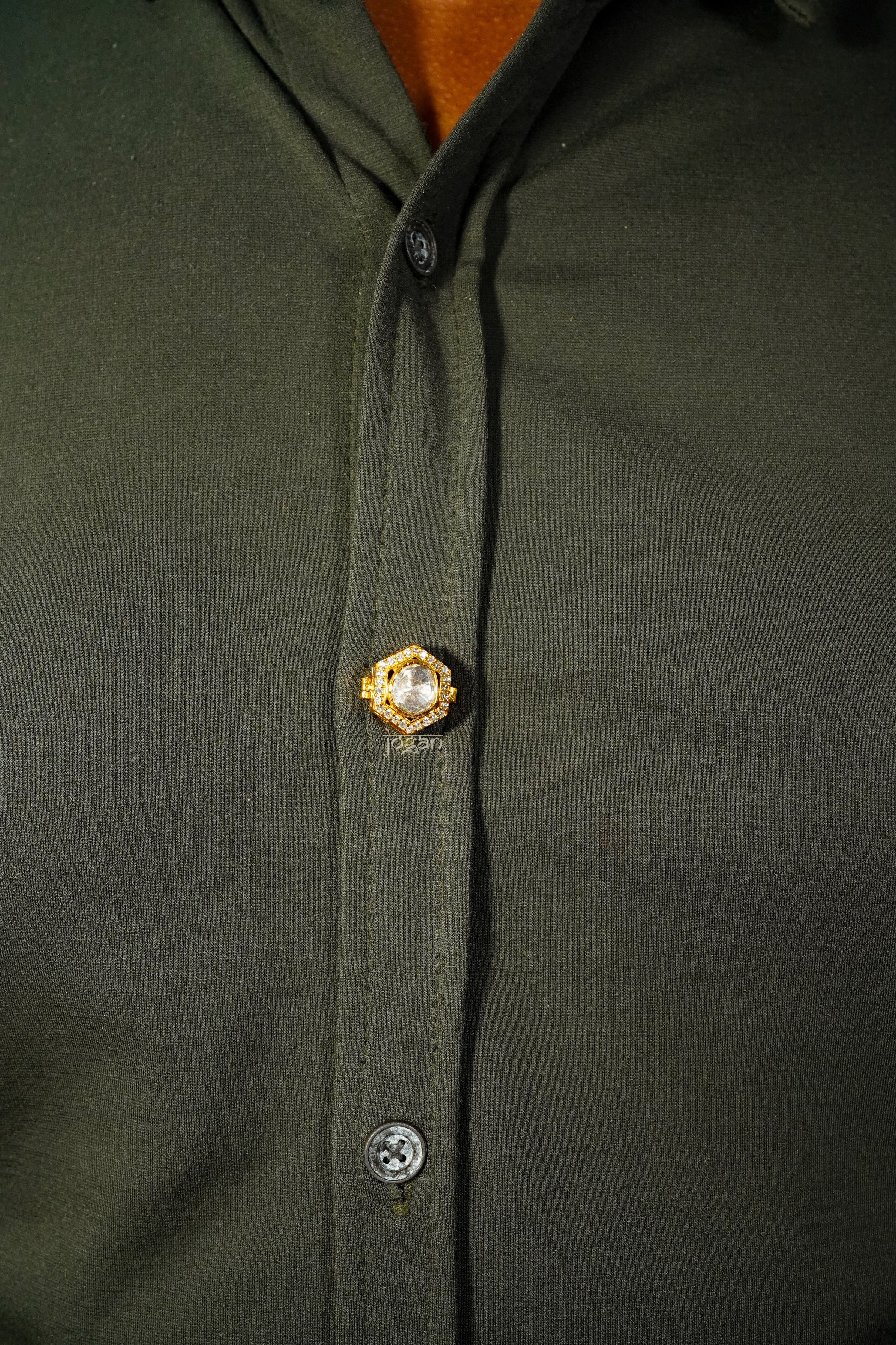 Shatkoni signature six-sided button cover symbolizing masculinity, balance, and strength.
