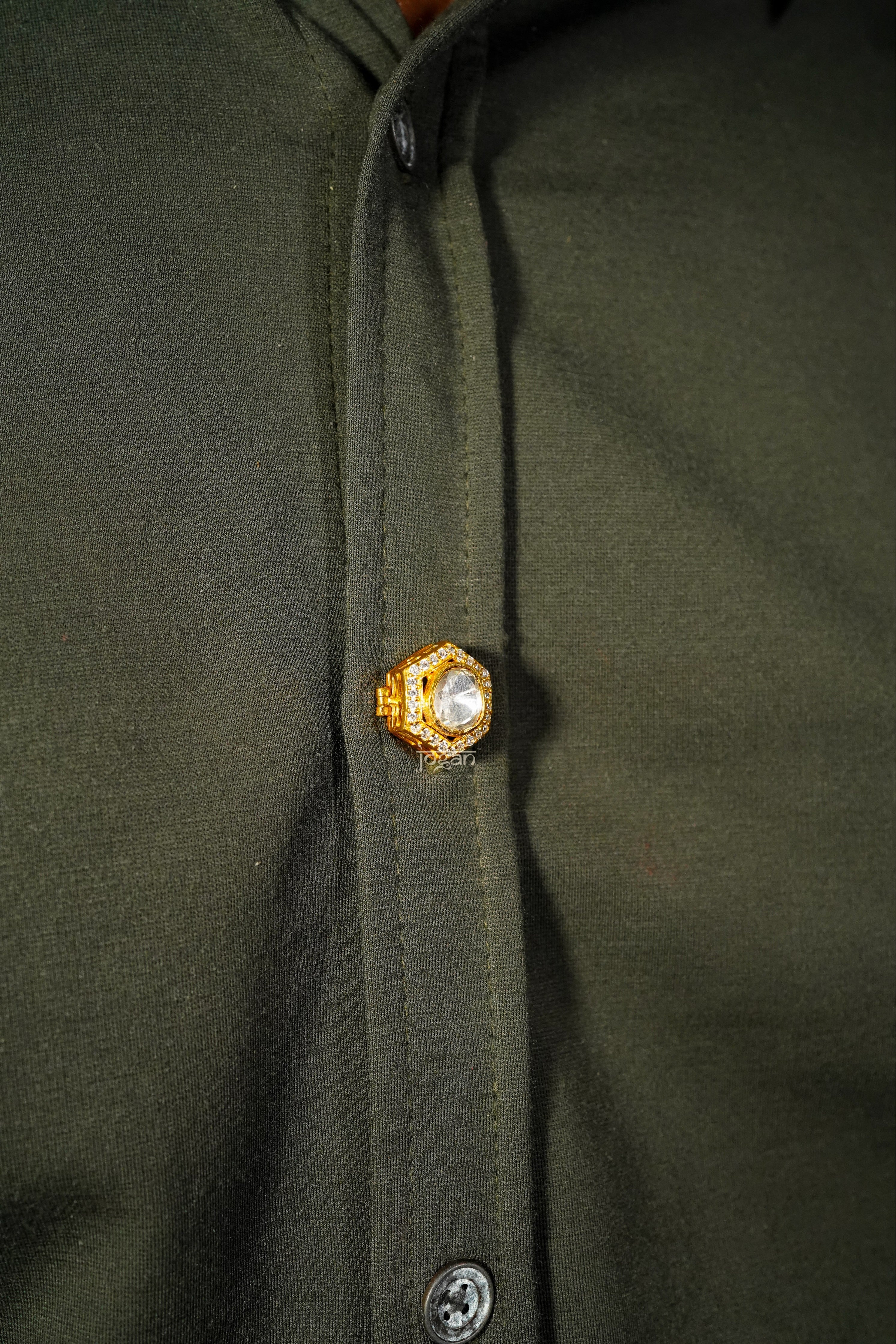 Shatkoni signature six-sided button cover symbolizing masculinity, balance, and strength.