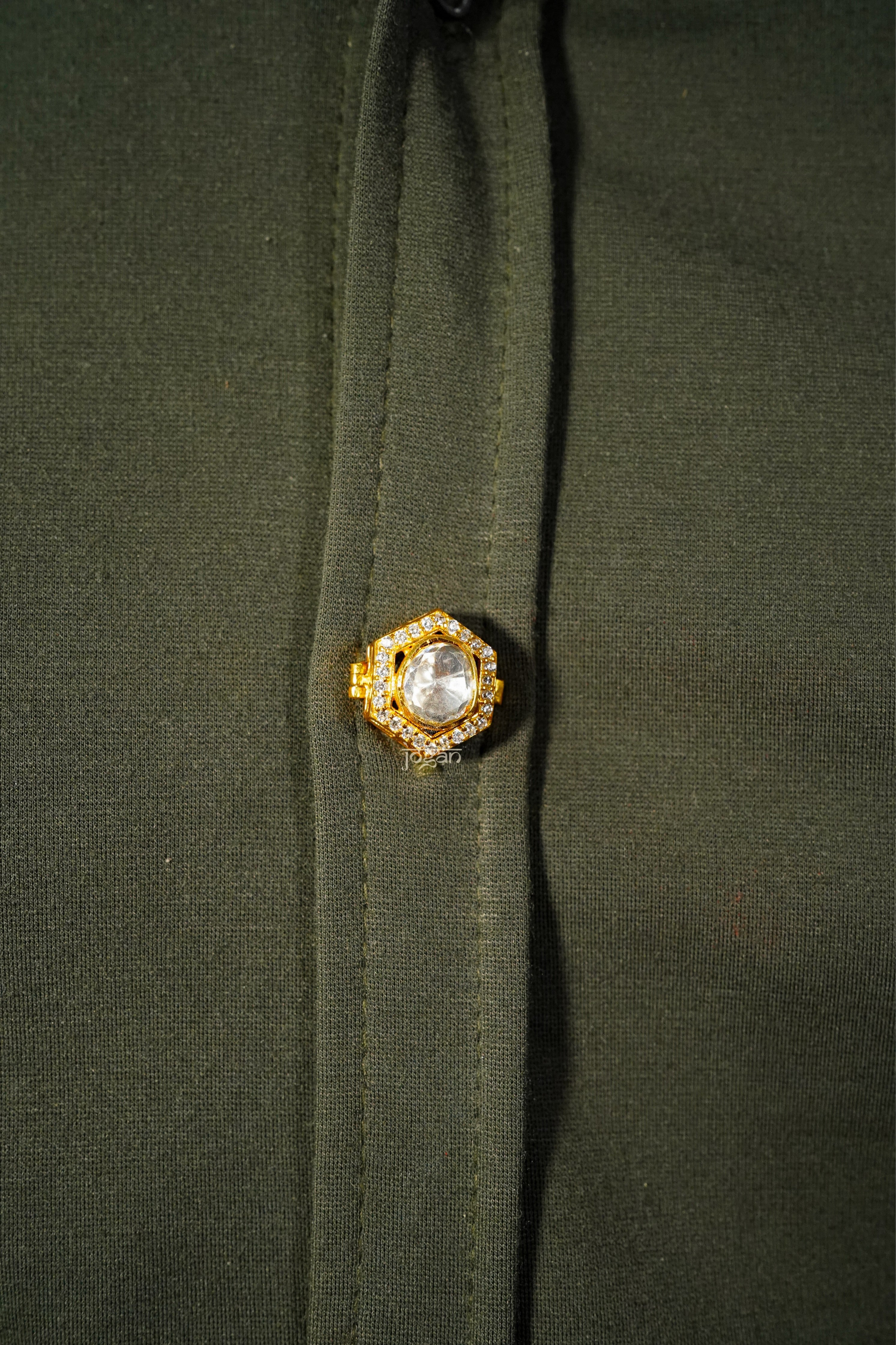 Shatkoni signature six-sided button cover symbolizing masculinity, balance, and strength.
