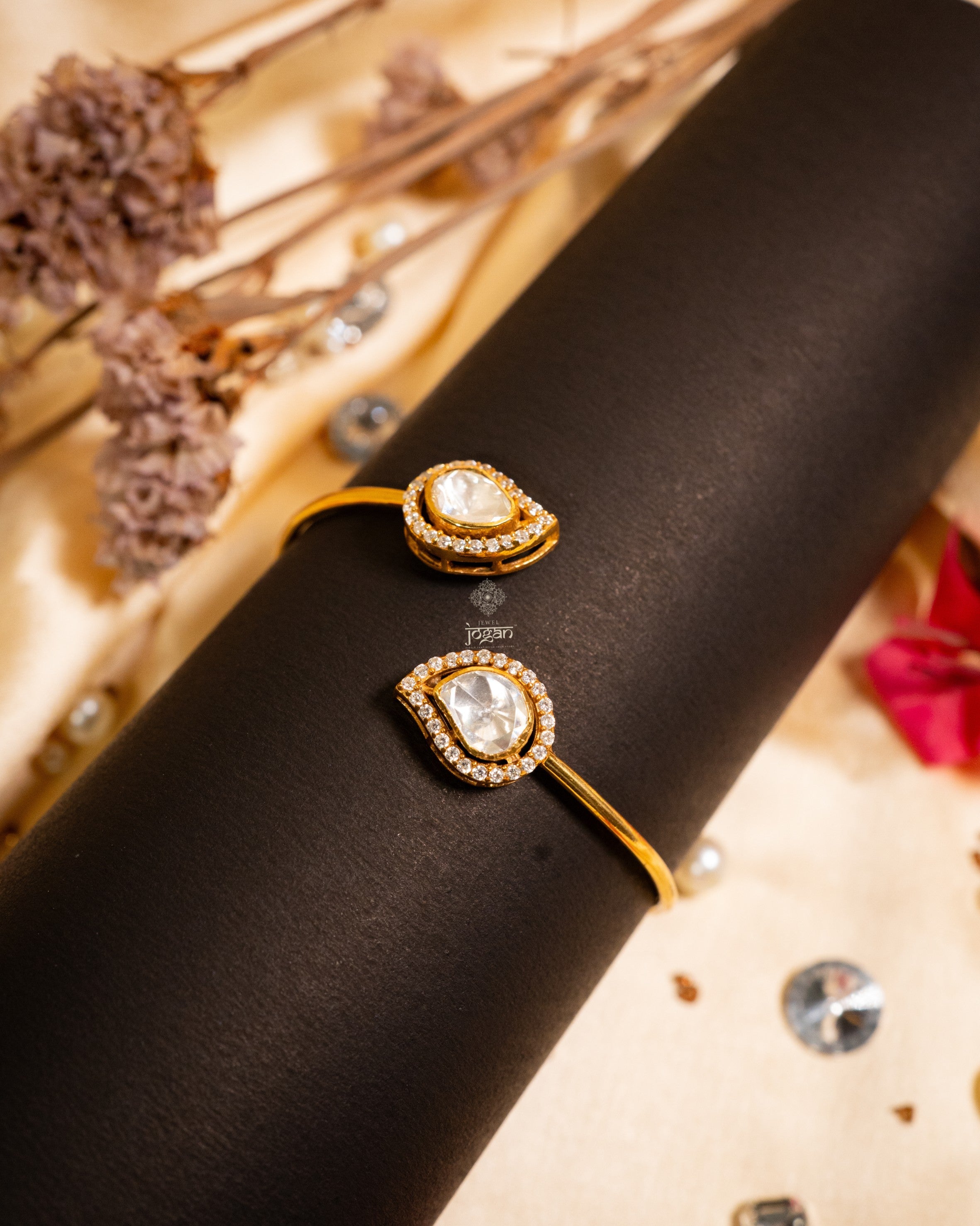 Open adjustable 925 silver gold-plated bracelet with pear-shaped lab grown polki stones and CZ accents