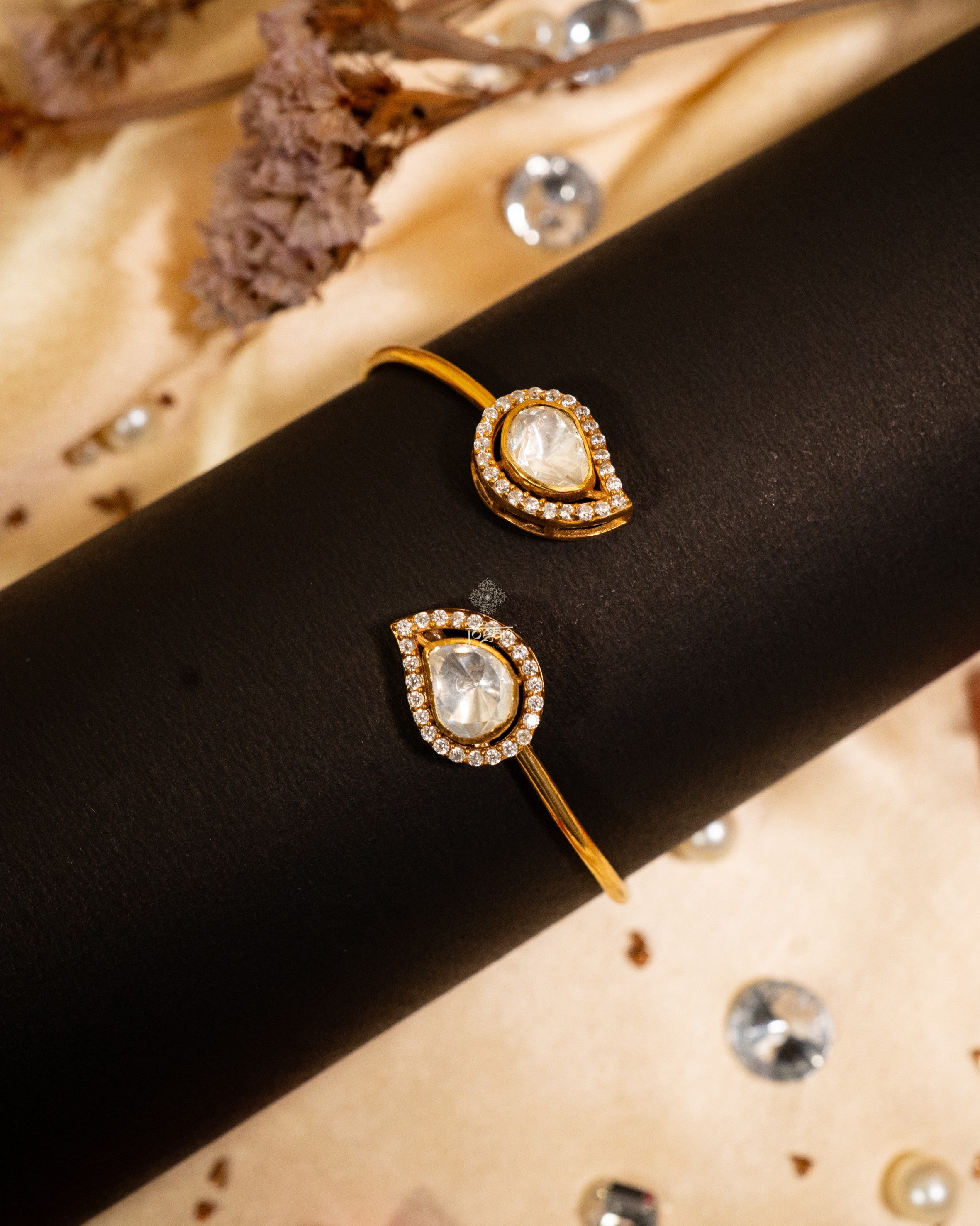 Open adjustable 925 silver gold-plated bracelet with pear-shaped lab grown polki stones and CZ accents