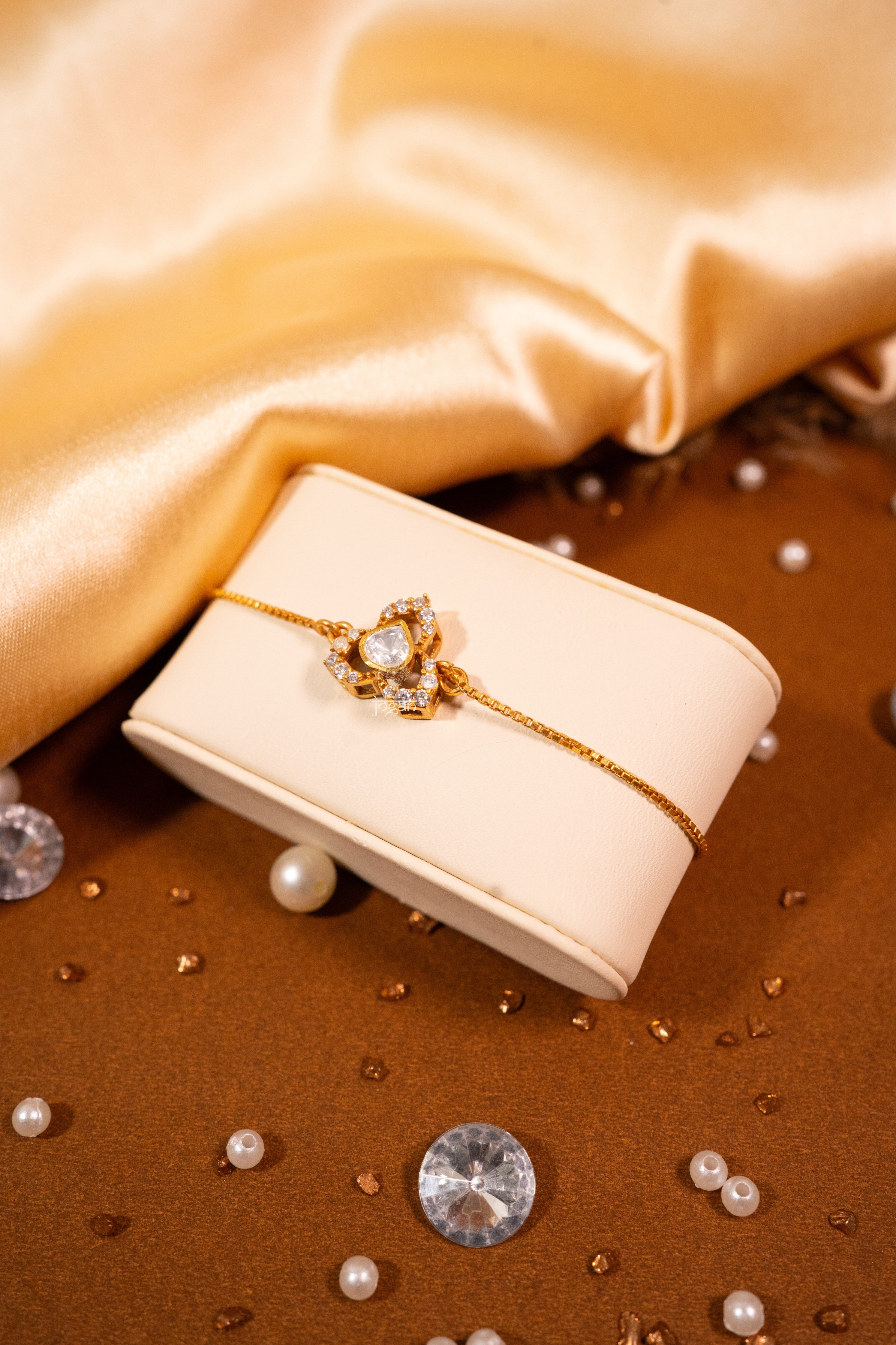 Gold-plated 92.5 sterling silver adjustable bracelet with lab grown polki stones, inspired by classic floral design and festive elegance.
