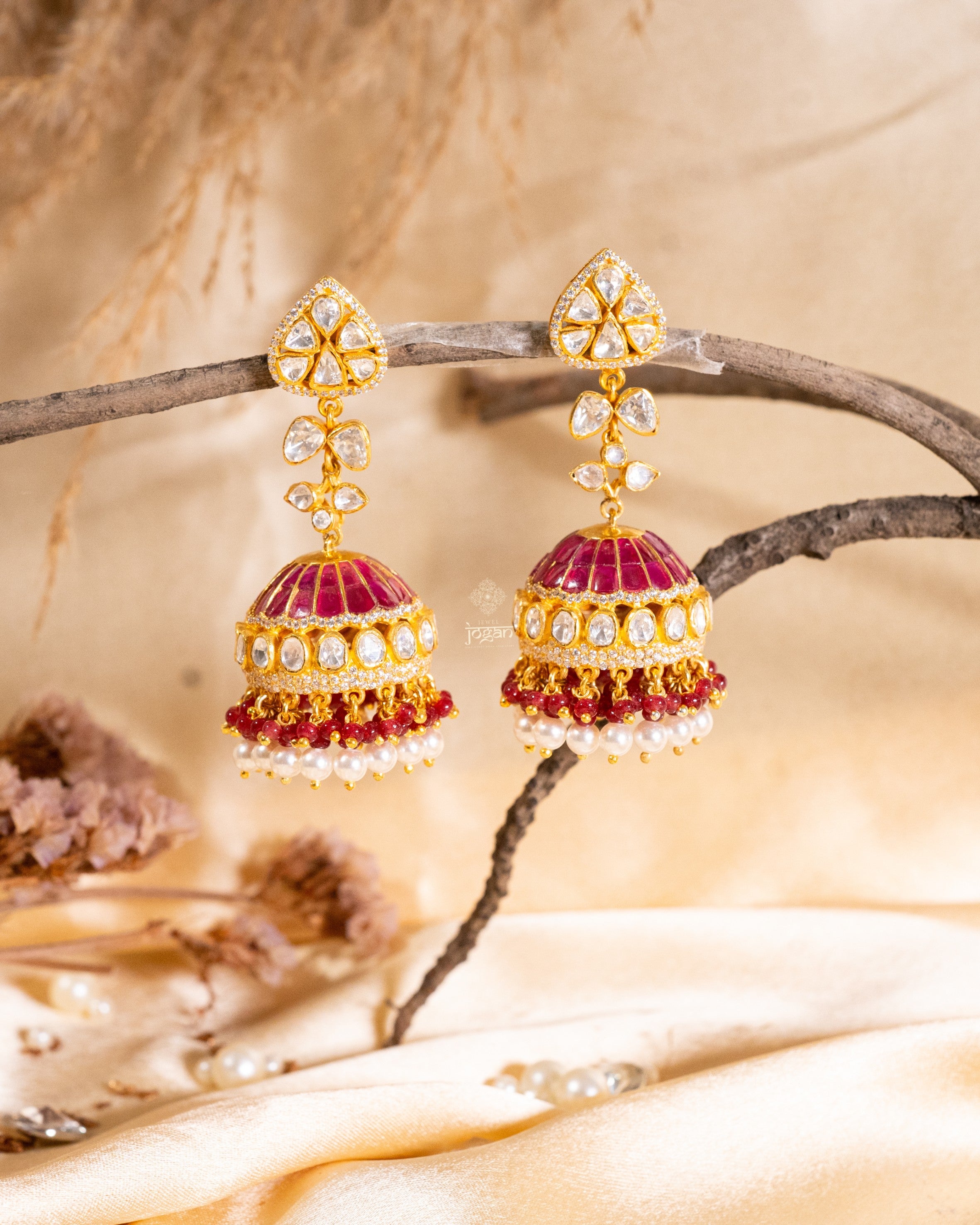 Traditional jhumki earrings, gold-plated 925 silver, lab grown polki, ruby and pearl like drops