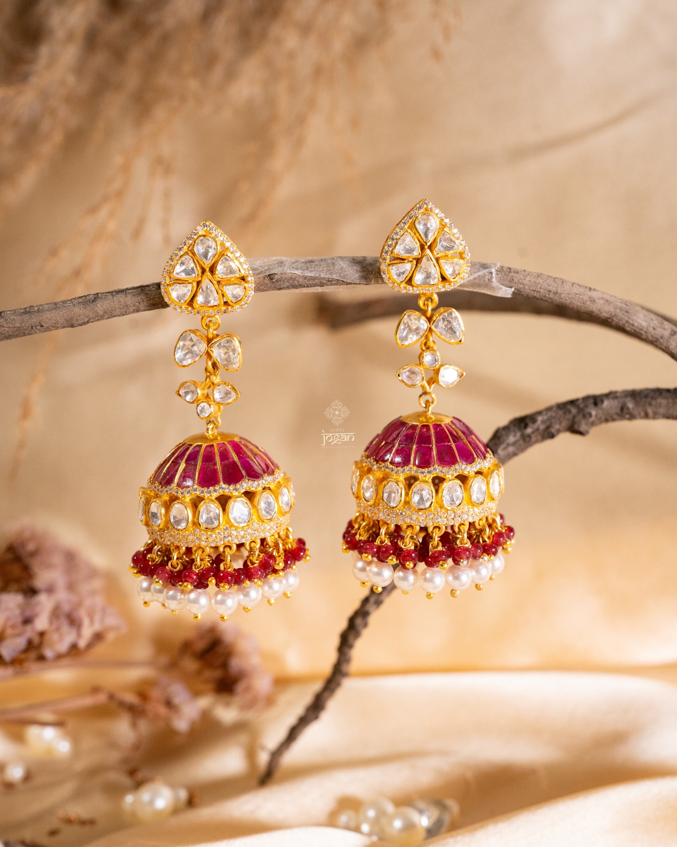 Traditional jhumki earrings, gold-plated 925 silver, lab grown polki, ruby and pearl like drops