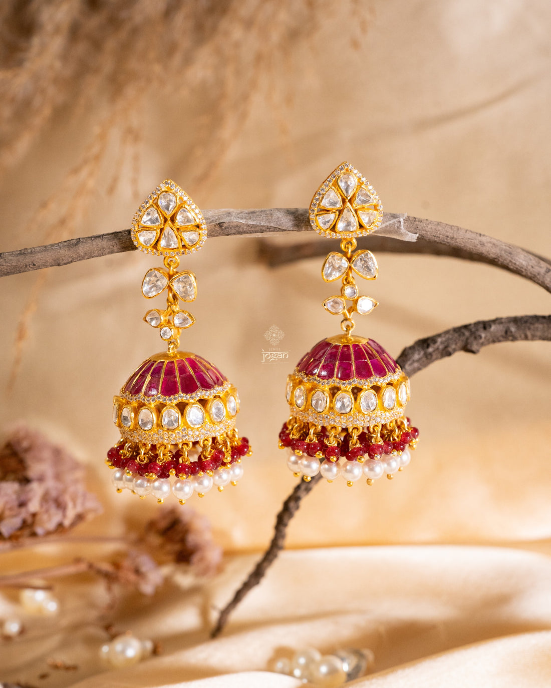 Traditional jhumki earrings, gold-plated 925 silver, lab grown polki, ruby and pearl like drops