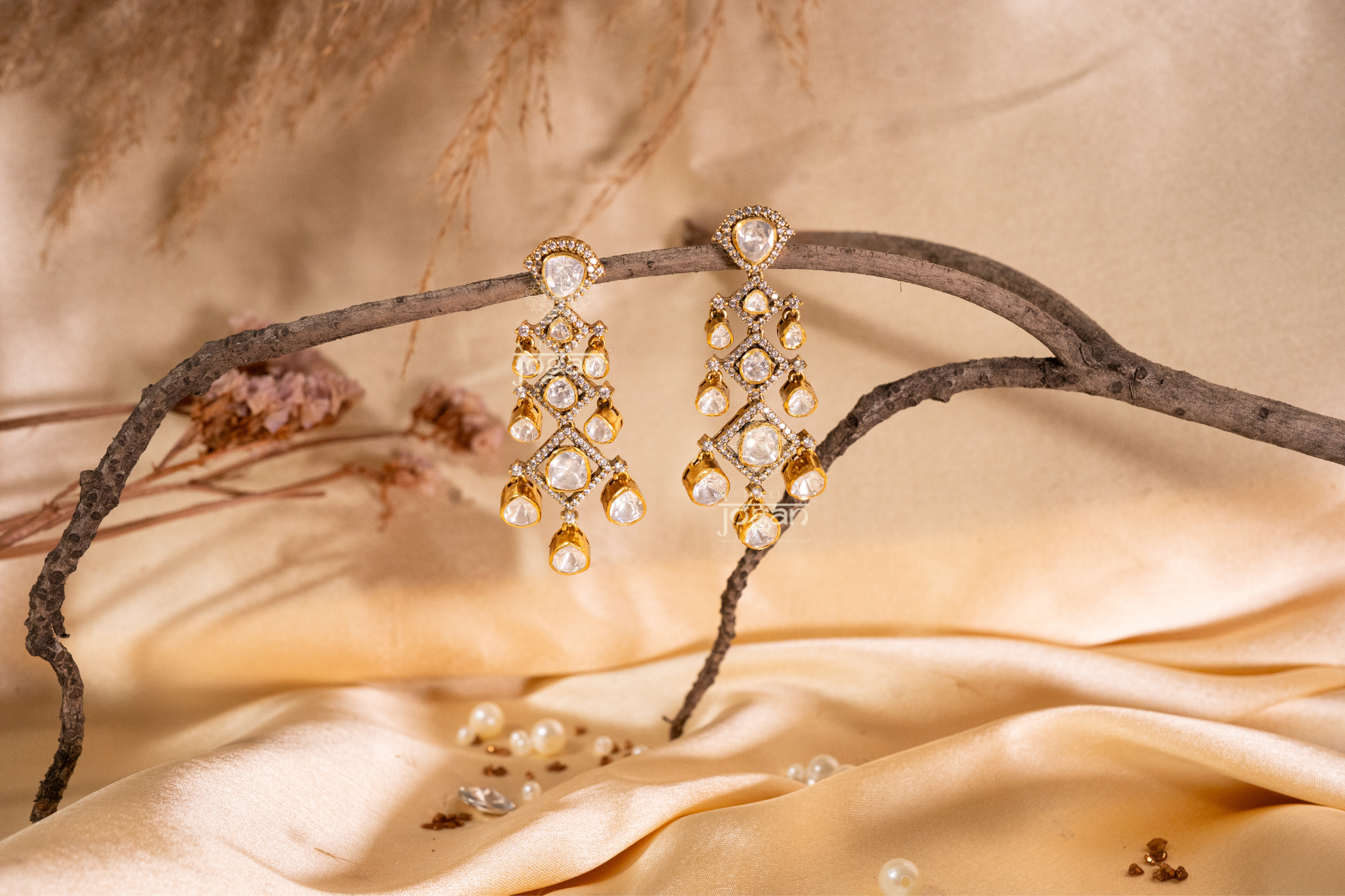 Kanak Priya statement dangler earrings featuring square and pear-shaped Polkis framed with CZs and drop details, perfect for weddings and festive wear.