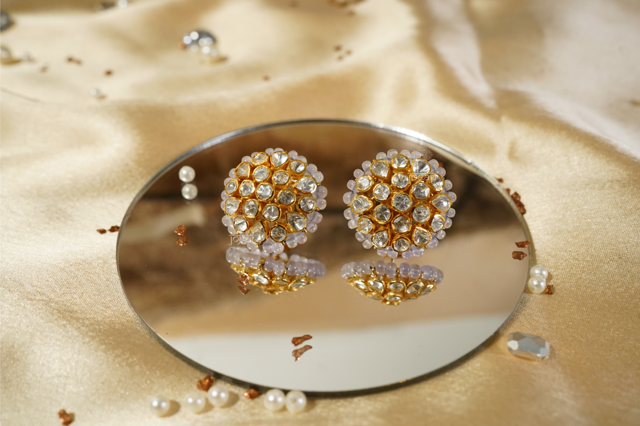 Manjulaa floral stud earrings featuring a circular cluster of lab-grown Polkis set in gold-plated metal, offering radiant sparkle and heritage-inspired elegance for weddings, festivals, and everyday wear